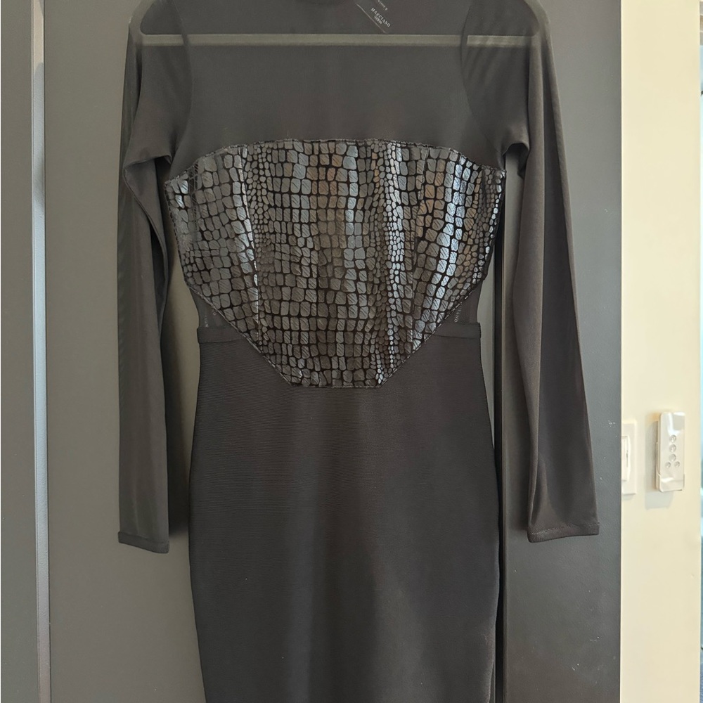 Guess by Marciano Black Long-Sleeve Sheath Dress with Croc-Texture Bust